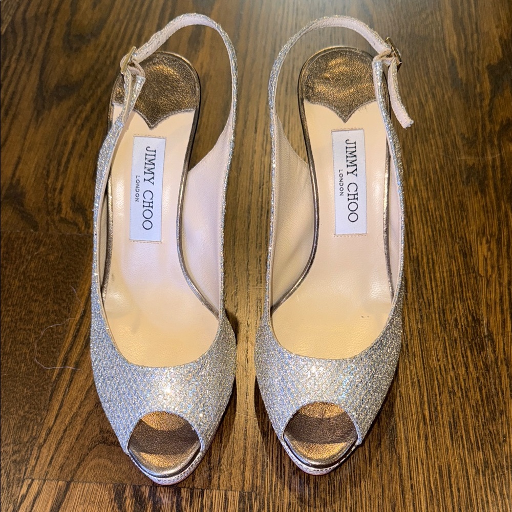 Jimmy Choo Glittering Silver Peep Toe Heels